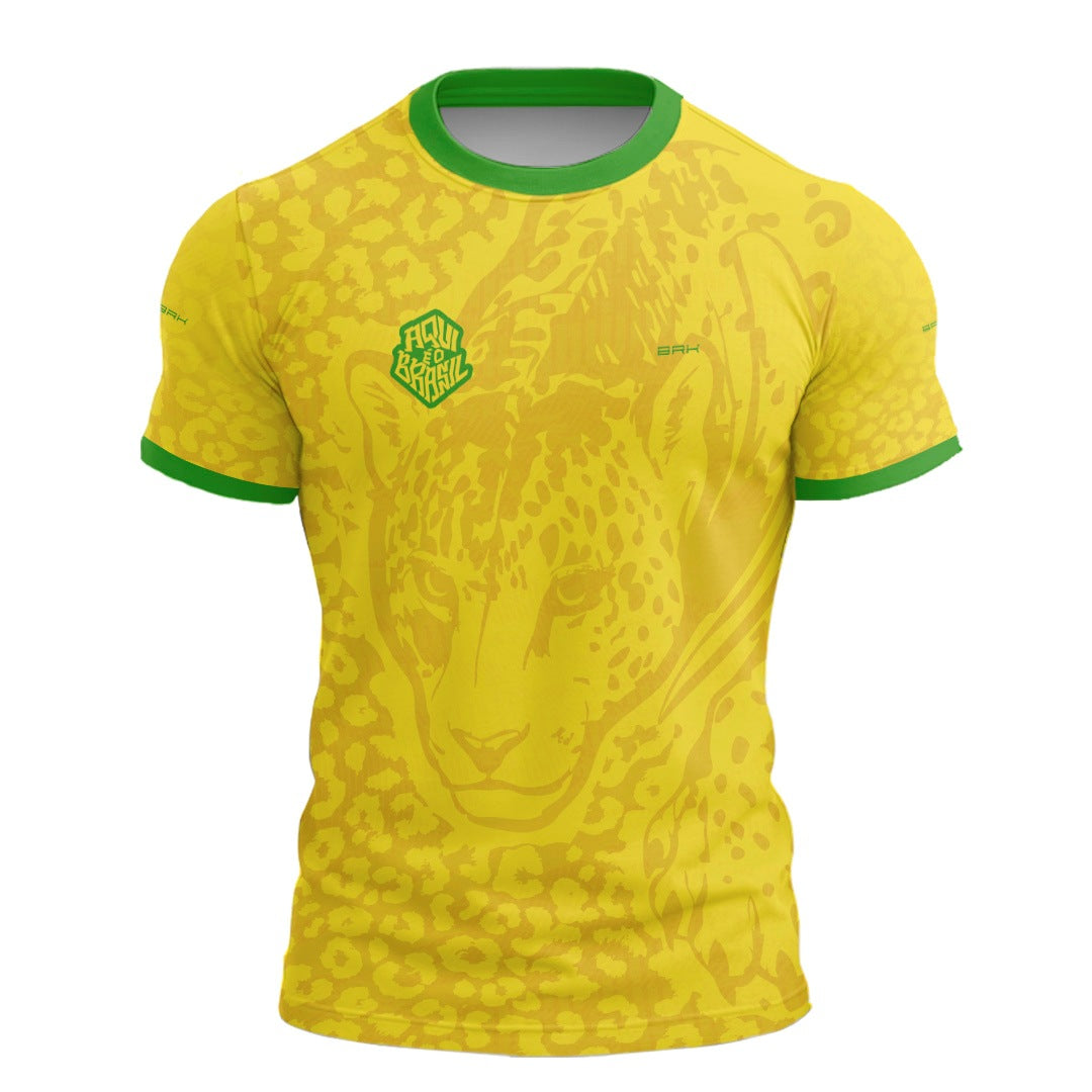 Camisa Casual Brk Aqui é o Brasil Onça Pintada Amarela com Proteção UV50