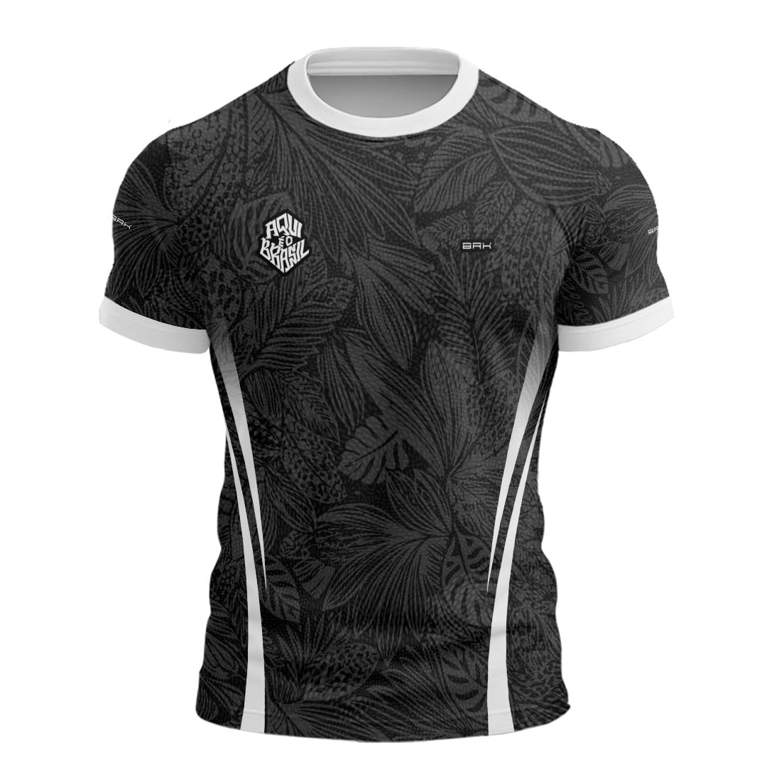 Camisa Brk Aqui é o Brasil Folhagem Tropical Preta com Proteção UV50