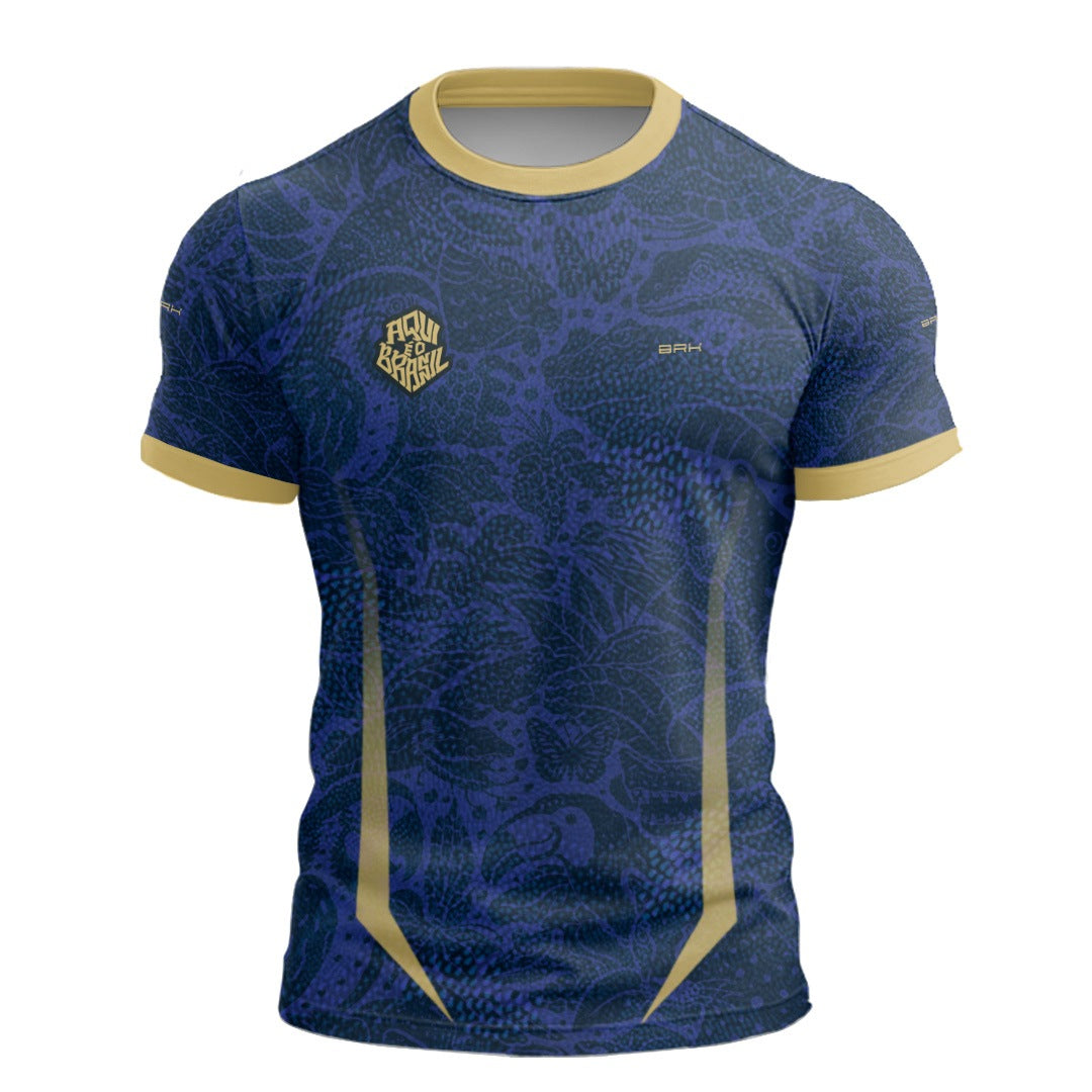 Camisa Casual Brk Aqui é o Brasil Folhagem Sutil Azul Royal com Proteção UV50