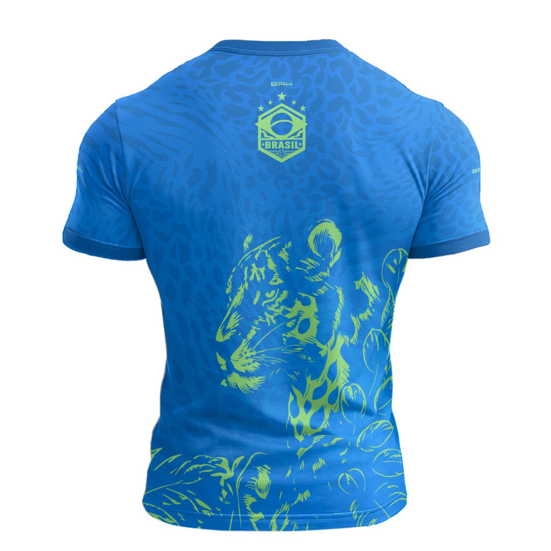 Camisa Casual Brk Aqui é o Brasil Onça Sombreada Azul com Proteção UV50