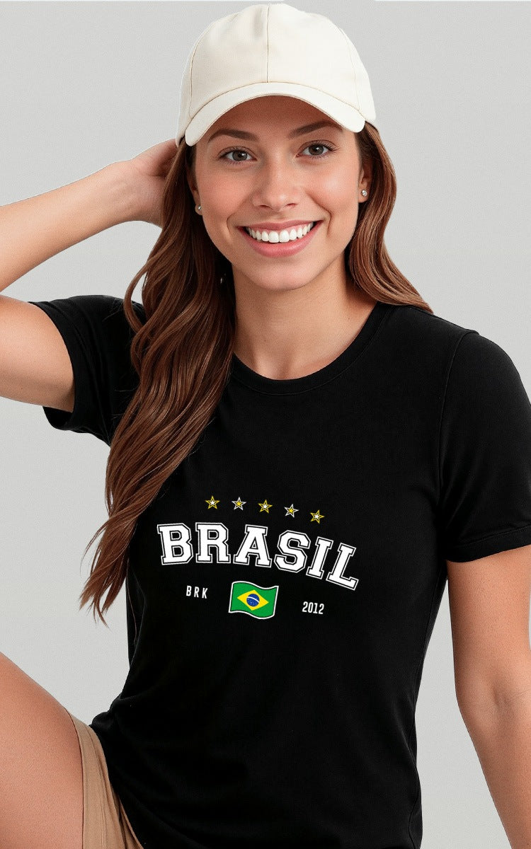 Camiseta Básica de Algodão Brk Aqui é o Brasil Bandeira