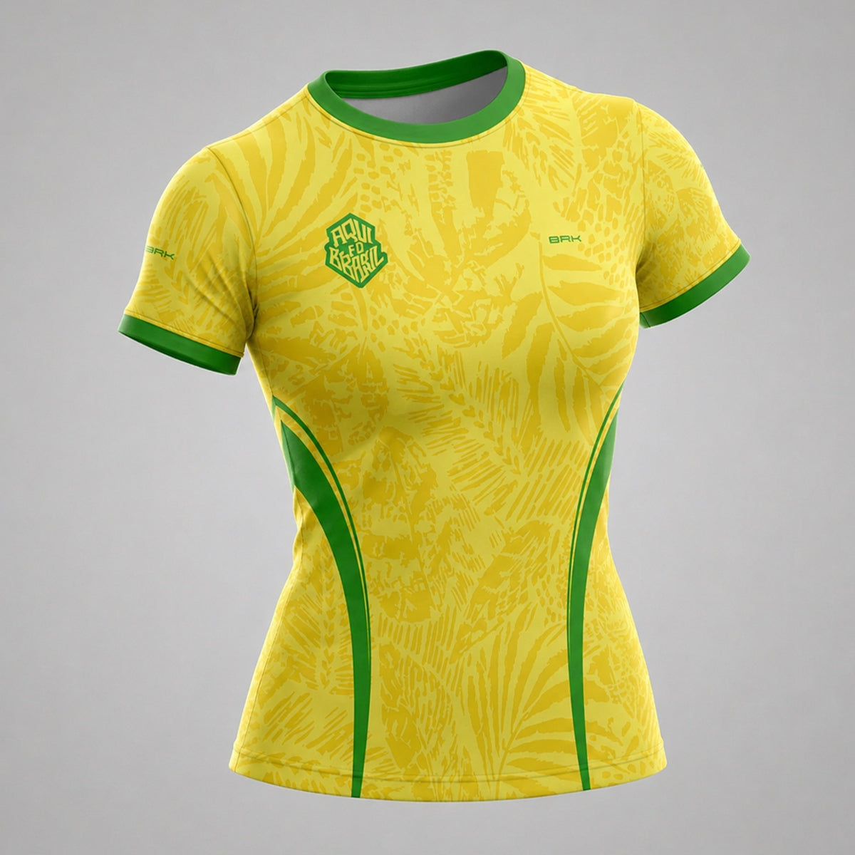 Camisa Casual Feminina Brk Aqui é o Brasil Folhagem Tropical Amarela com Proteção Solar UV50+