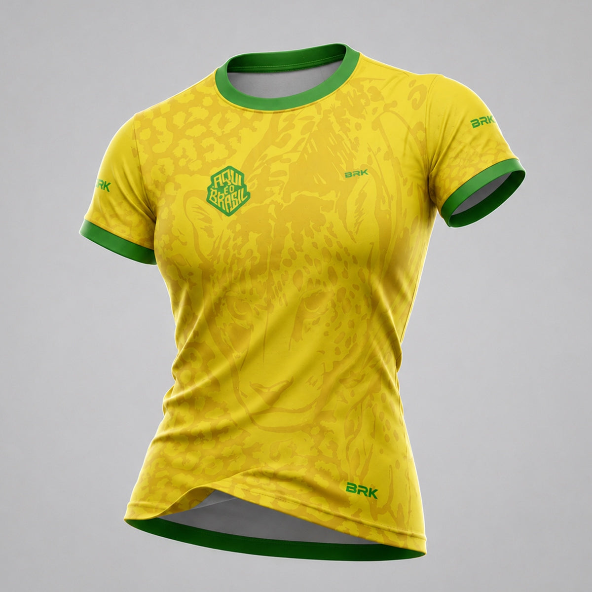 Camisa Casual Feminina Brk Aqui é o Brasil Onça Pintada Amarela com Proteção Solar UV50+