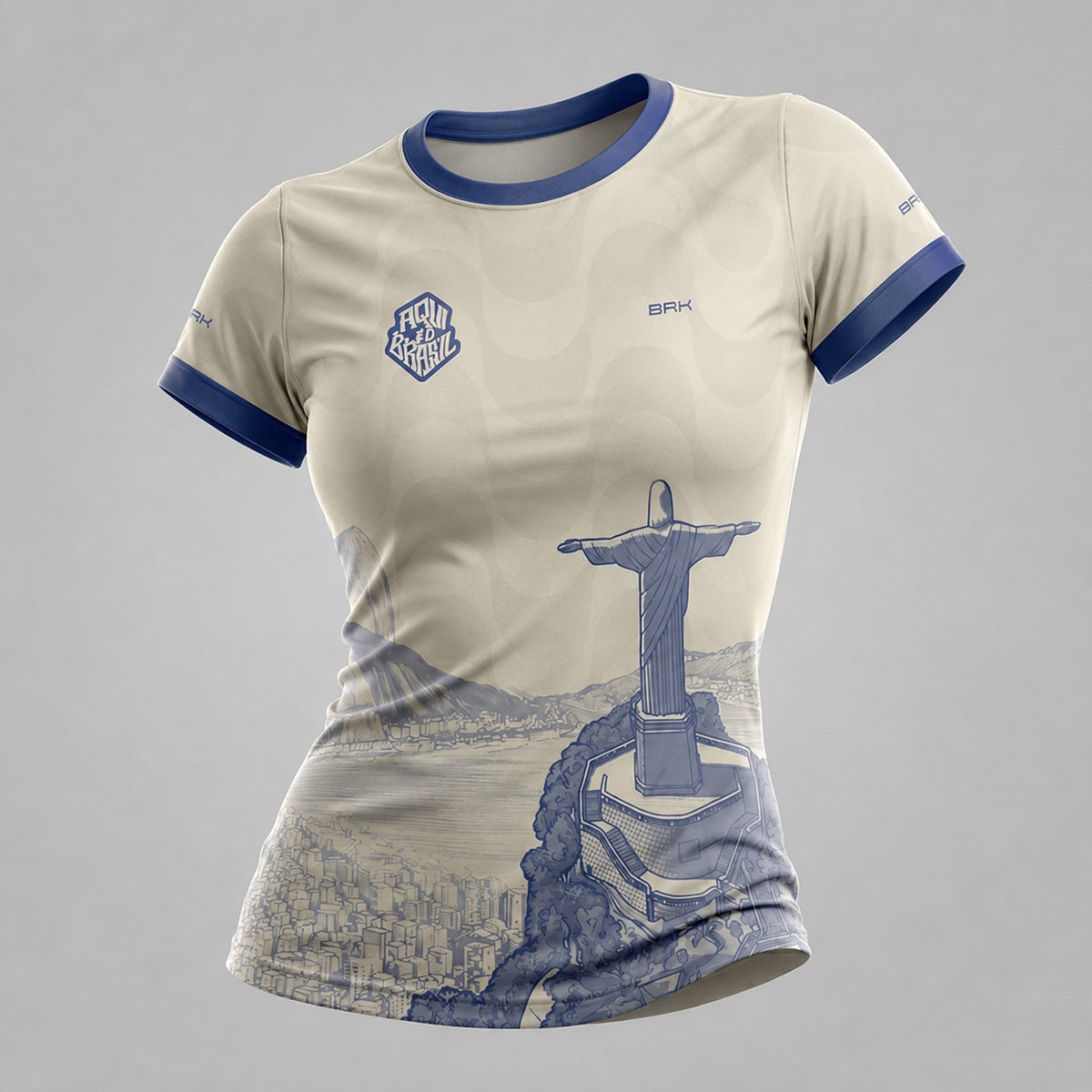 Camisa Casual Feminina Brk Aqui é o Brasil Cristo Redentor Paisagem Bege com Proteção Solar UV50+