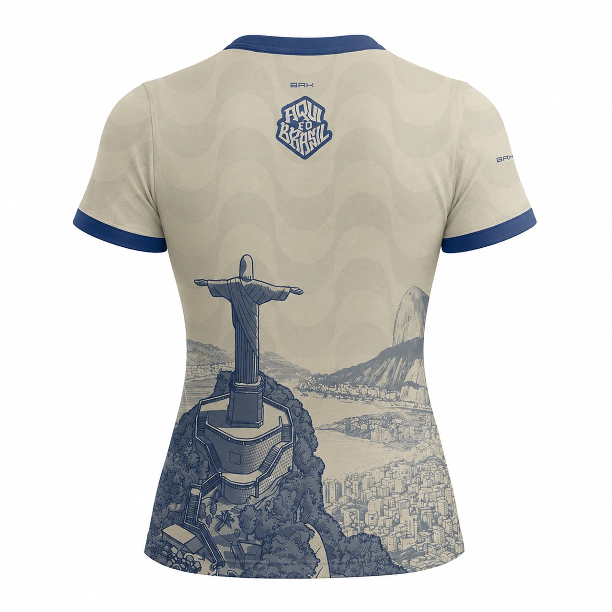 Camisa Casual Feminina Brk Aqui é o Brasil Cristo Redentor Paisagem Bege com Proteção Solar UV50+