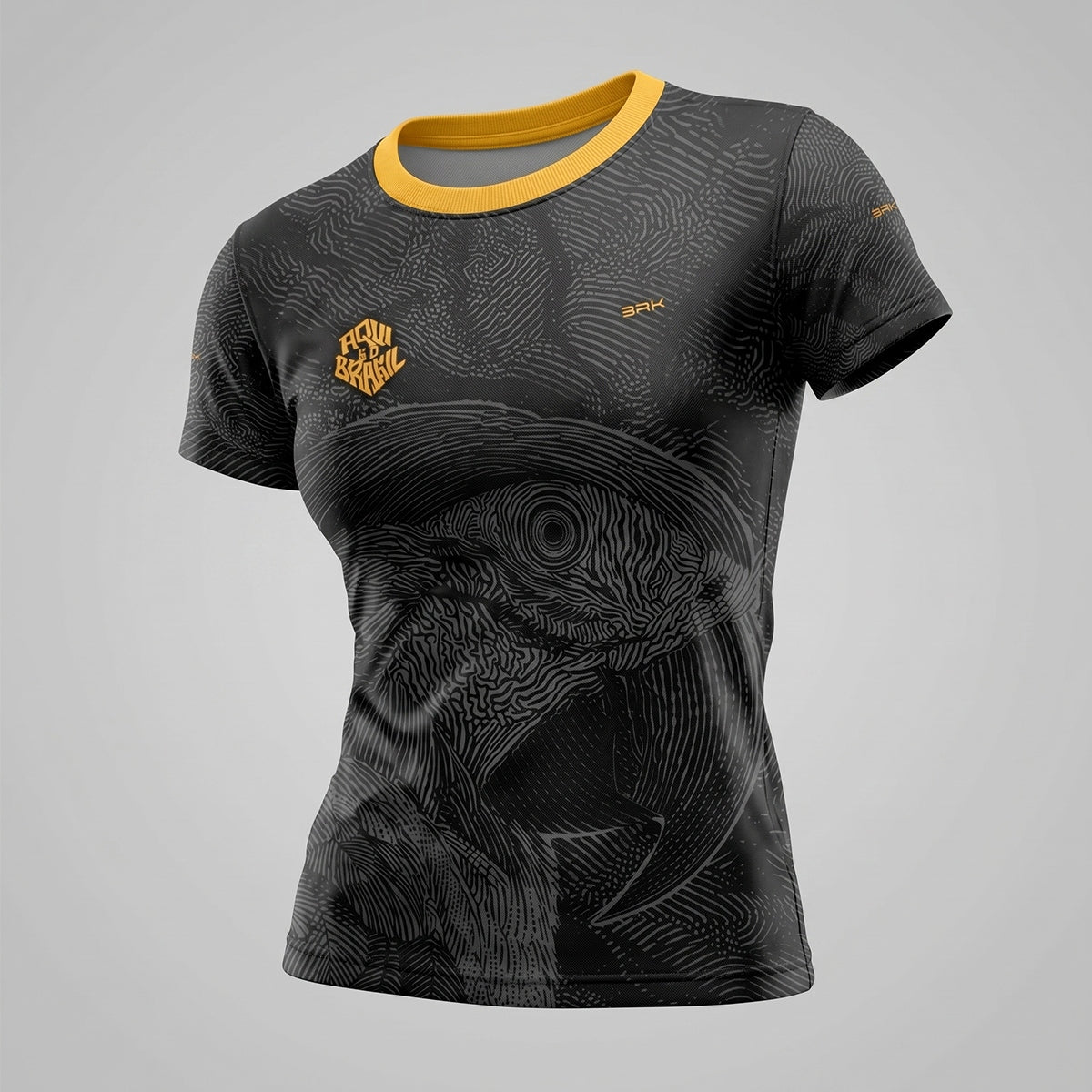 Camisa Casual Feminina Brk Aqui é o Brasil Arara Sombreada Preta com Proteção Solar UV50+