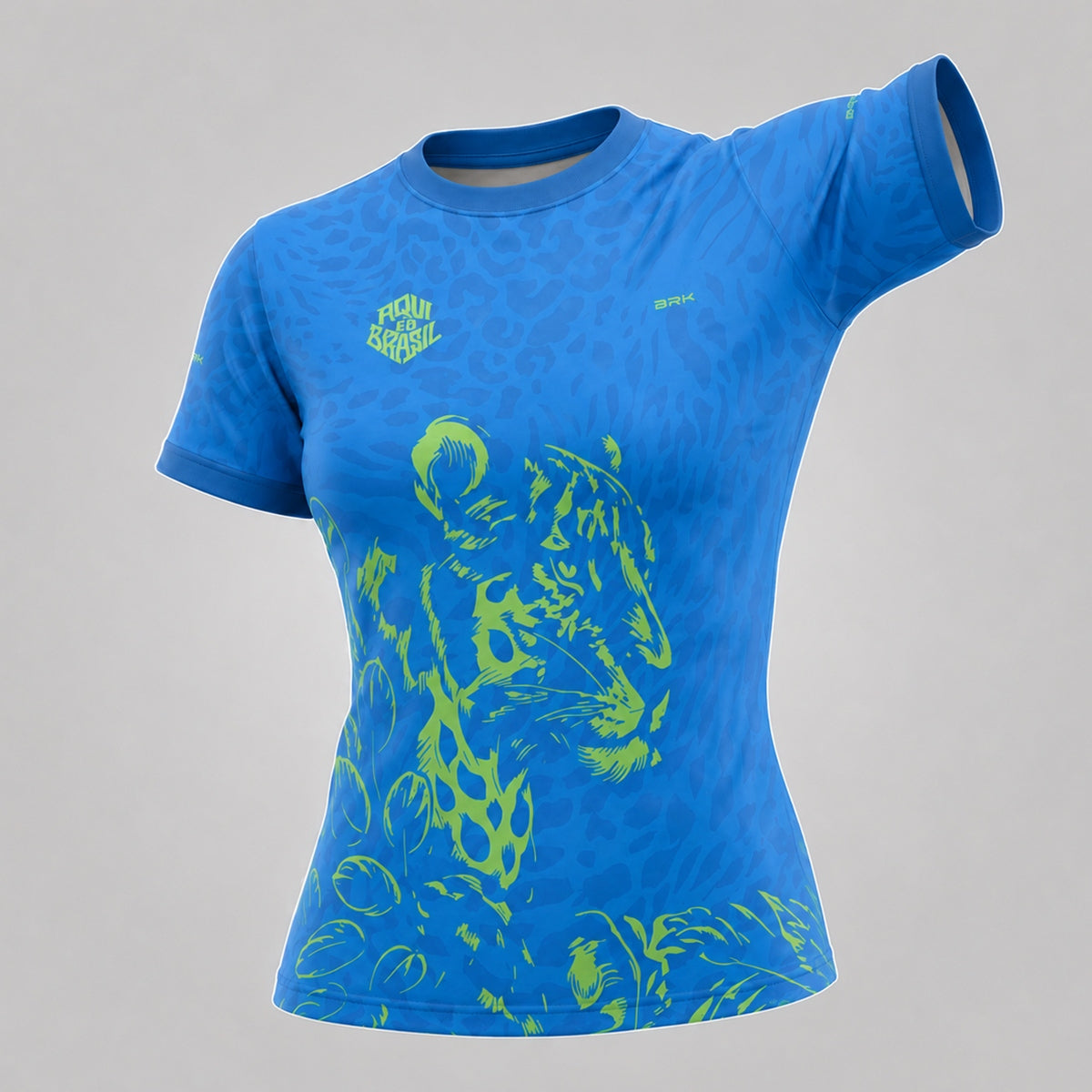 Camisa Casual Feminina Brk Aqui é o Brasil Onça Sombreada Azul com Proteção Solar UV50+