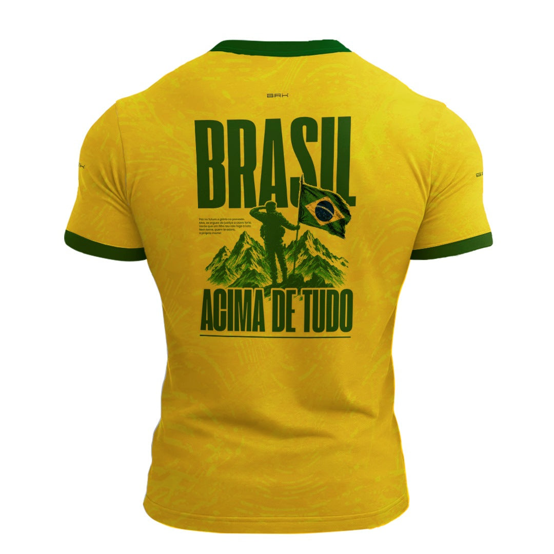 Camisa Brasil Patriota Brasil Acima de Todos Amarelo e Verde com UV50+