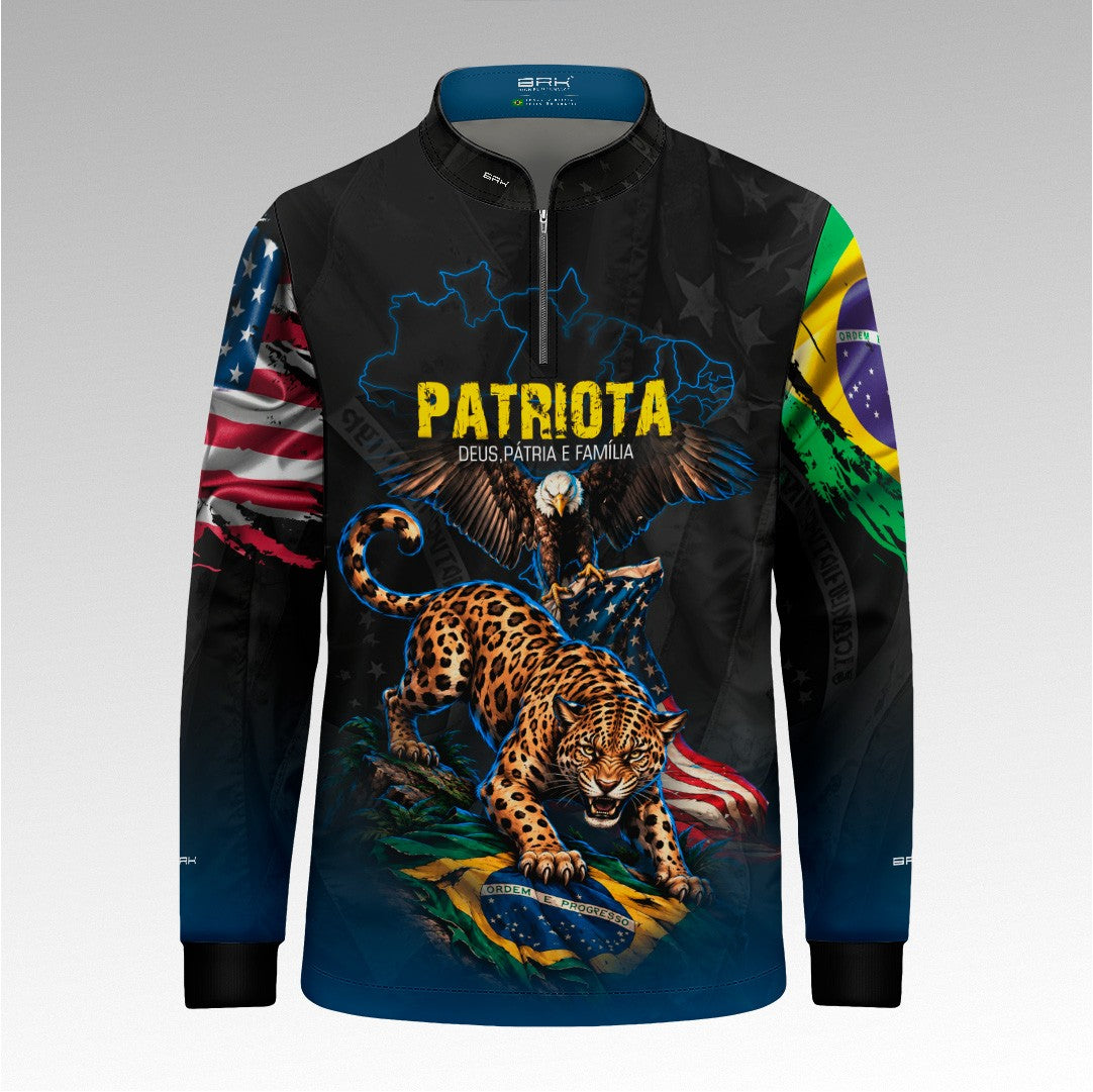 Camisa Brk Infantil Patriota Deus Pátria e Família Onça e Águia Brasil e EUA Preta Azul com Proteção UV50+