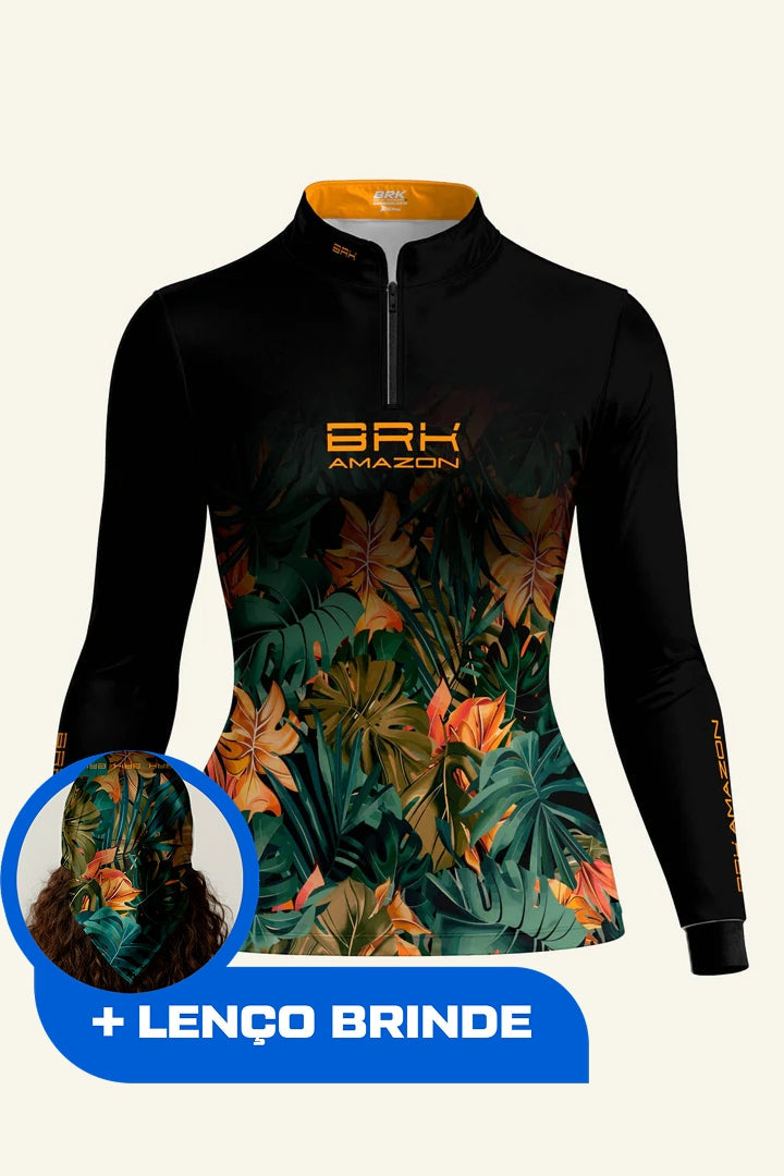 Camisa Feminina Brk Amazon Preta Folhagem com Proteção UV50
