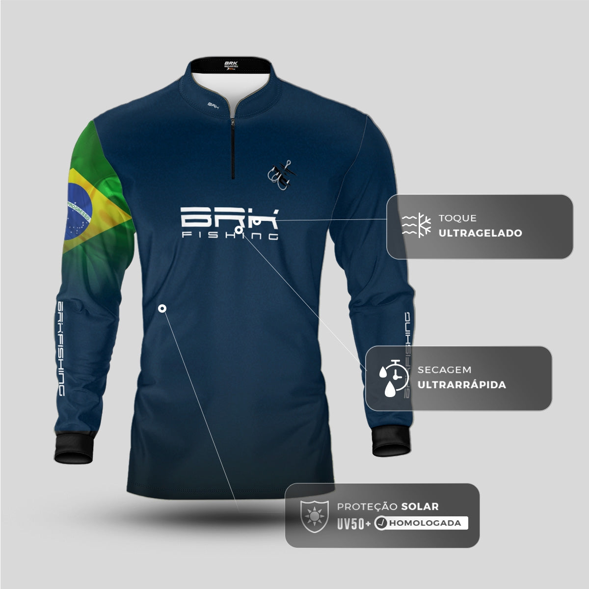 Camisa de Pesca Brk Azul Bandeira do Brasil Garateia com Proteção UV50+