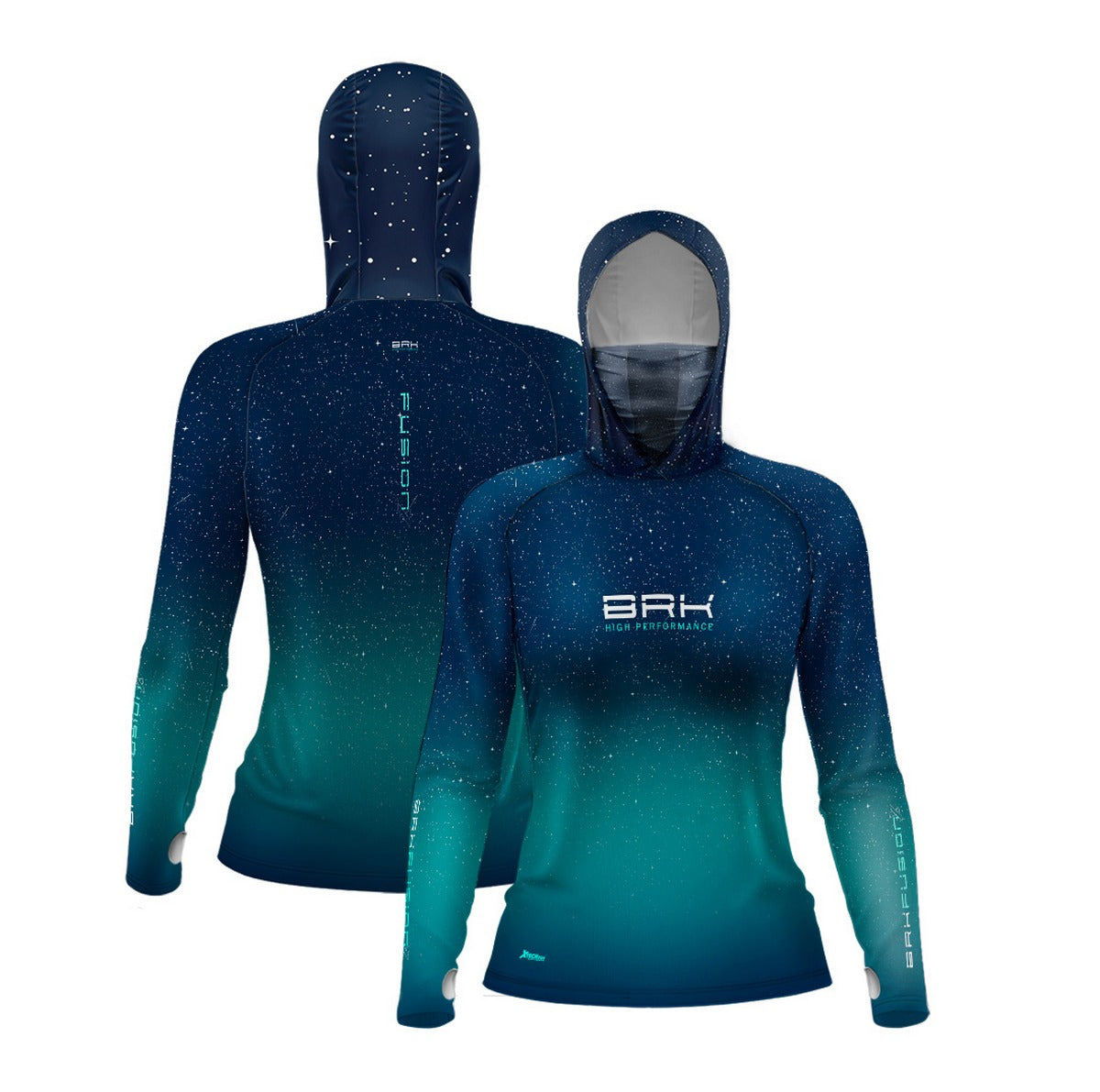 Camisa FusionX Feminina Brk Azul Celeste Estrelas com Capuz e Proteção UV50+ Envio Imediato