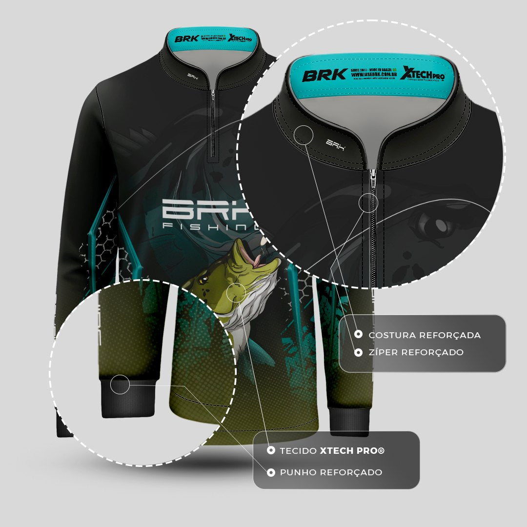 Camisa Infantil de Pesca Azul e Preta Brk Tucunaré Azul com UV50+