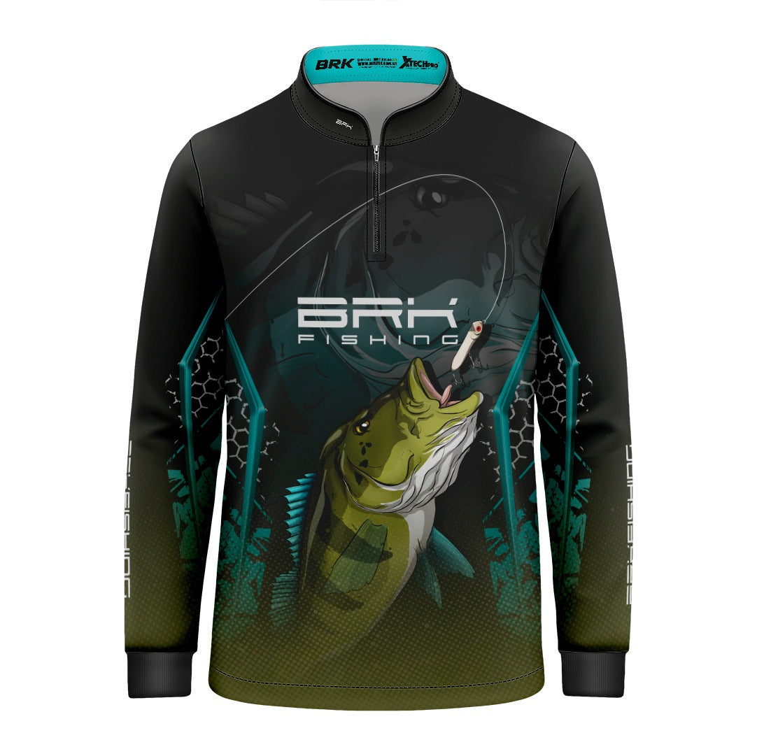 Camisa Infantil de Pesca Azul e Preta Brk Tucunaré Azul com UV50+