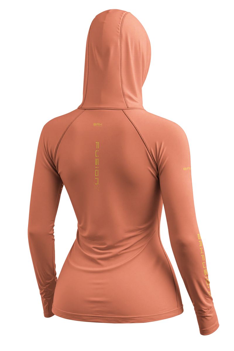 Camisa FusionX Feminina Brk Laranja Coral com Detalhes em Amarelo e Proteção UV50+