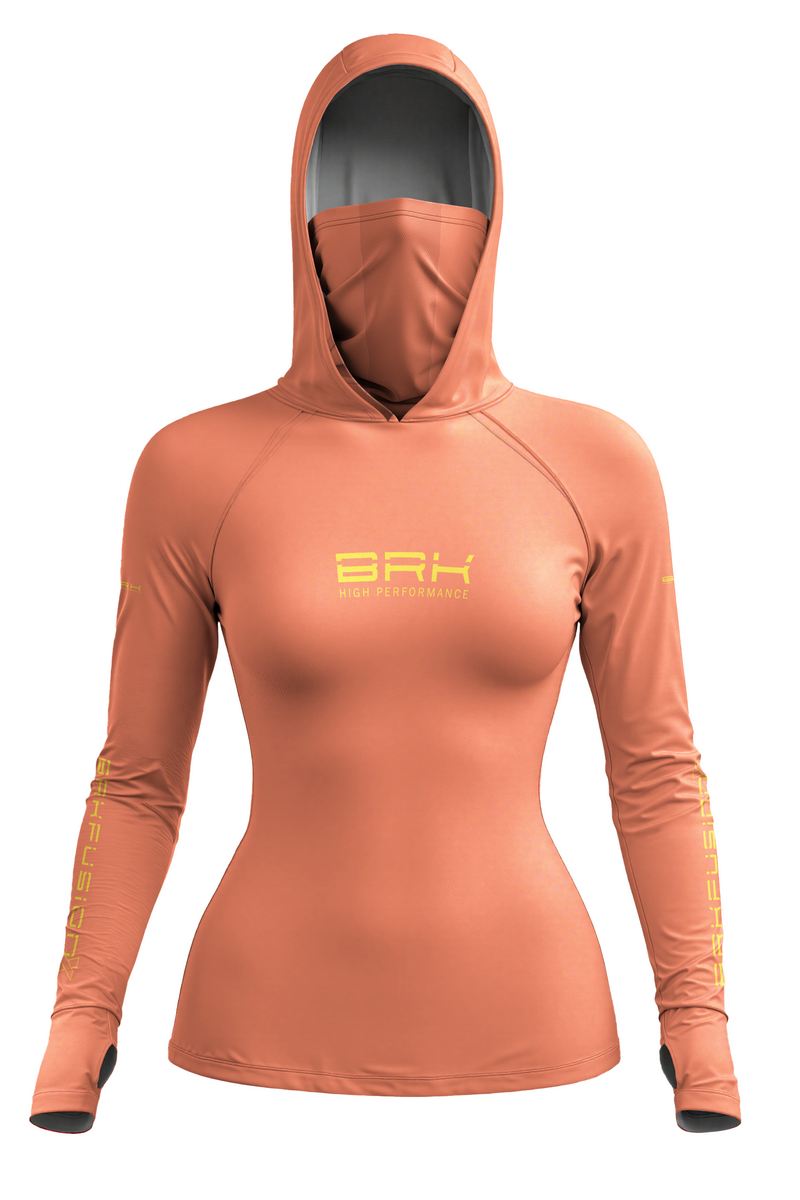 Camisa FusionX Feminina Brk Laranja Coral com Detalhes em Amarelo e Proteção UV50+