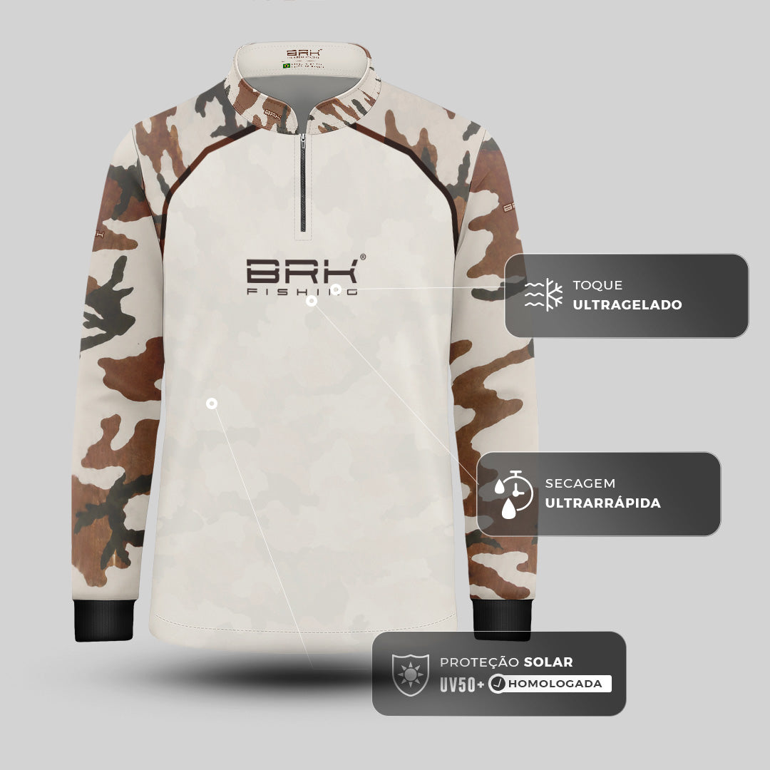 Camisa Fishing Infantil Brk Cow Print Camuflado Creme com Proteção Solar UV50+