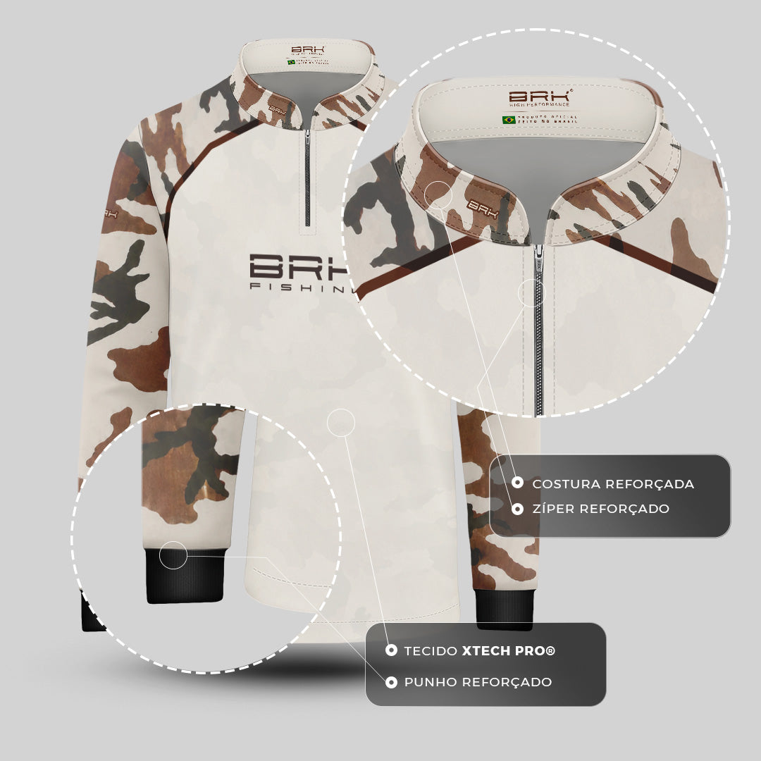 Camisa Fishing Infantil Brk Cow Print Camuflado Creme com Proteção Solar UV50+