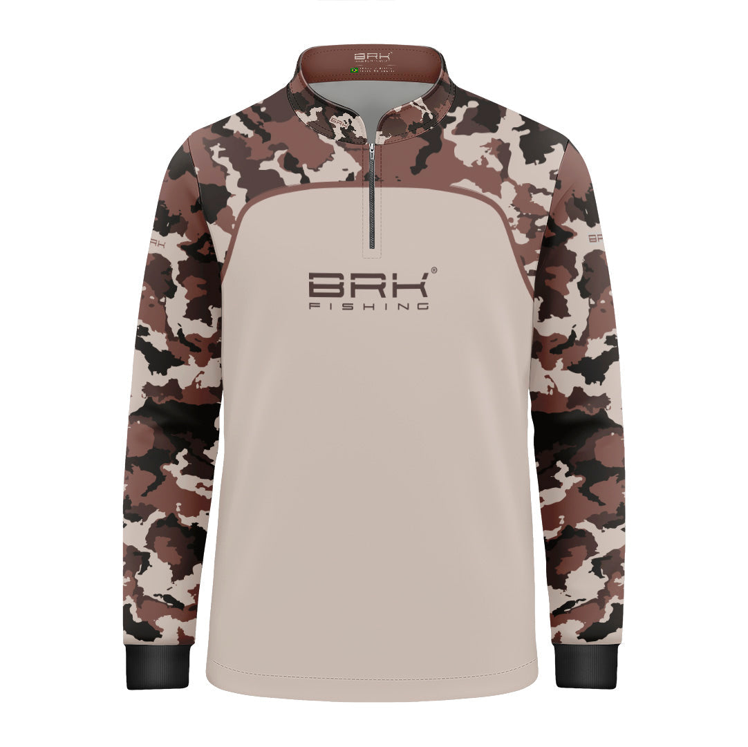Camisa Fishing Infantil Brk Cow Print Camuflado Marrom Creme com Proteção Solar UV50+
