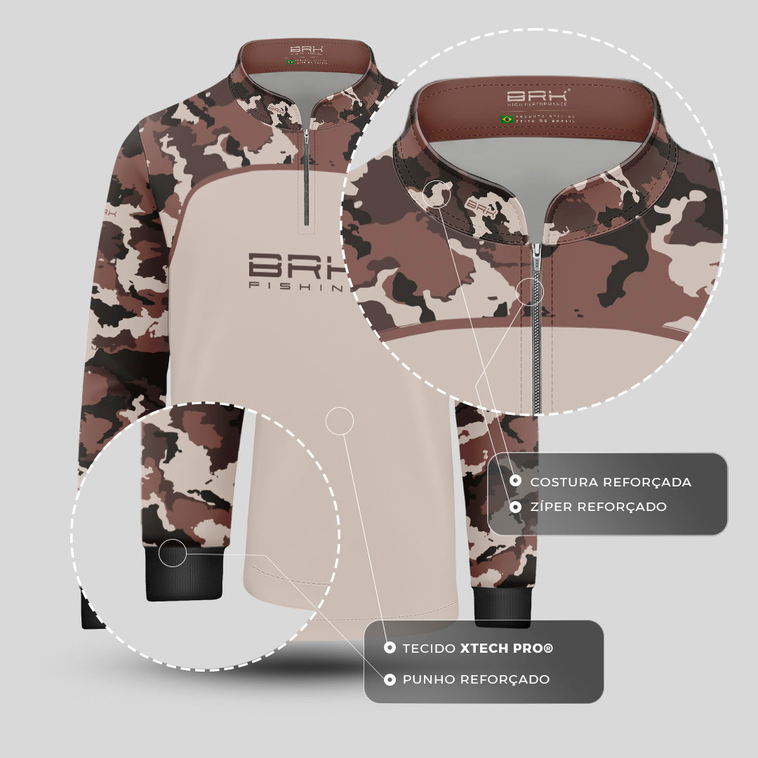 Camisa Fishing Infantil Brk Cow Print Camuflado Marrom Creme com Proteção Solar UV50+