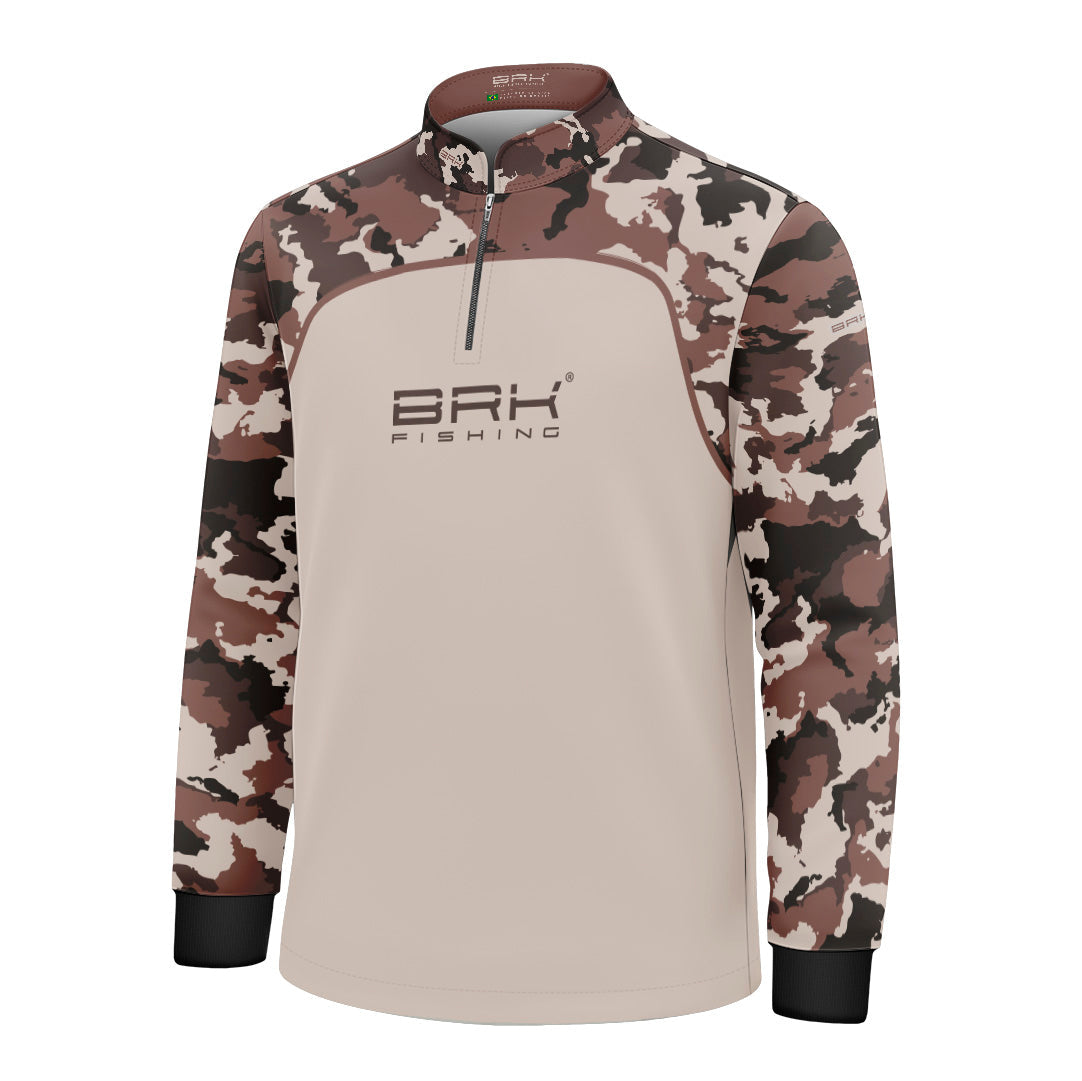 Camisa Fishing Infantil Brk Cow Print Camuflado Marrom Creme com Proteção Solar UV50+