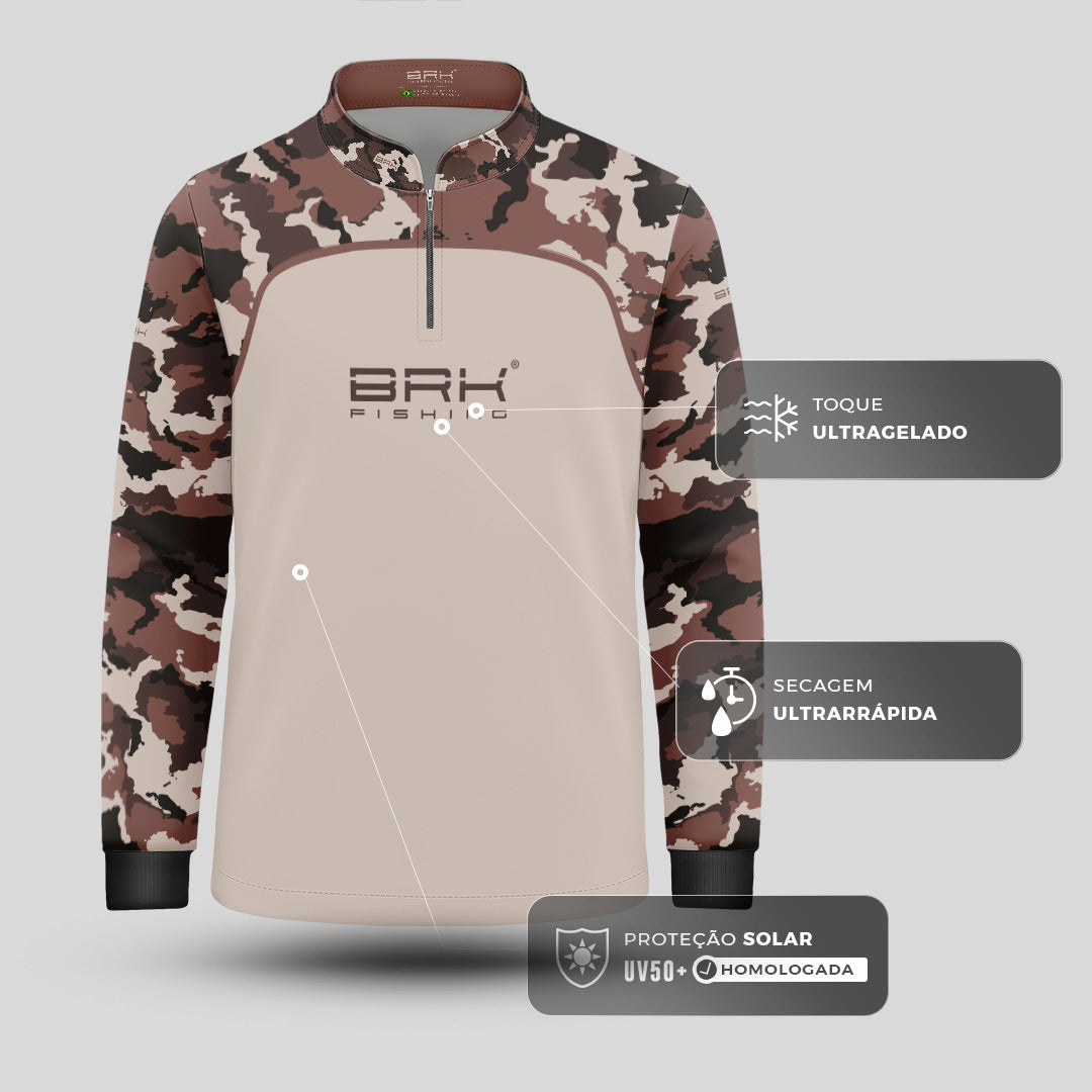 Camisa Fishing Infantil Brk Cow Print Camuflado Marrom Creme com Proteção Solar UV50+
