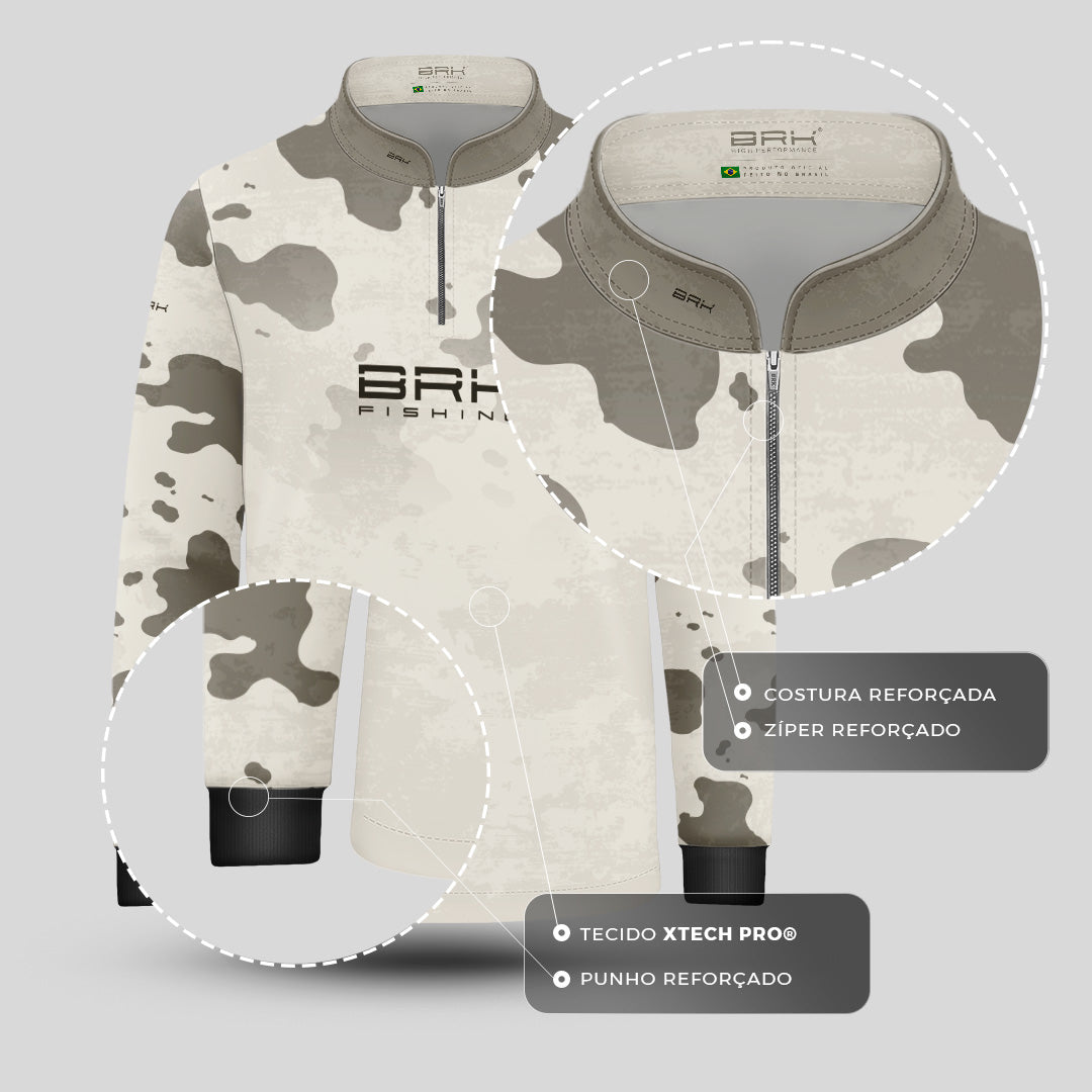 Camisa Fishing Infantil Brk Cow Print Cinza e Creme com Proteção Solar UV50+