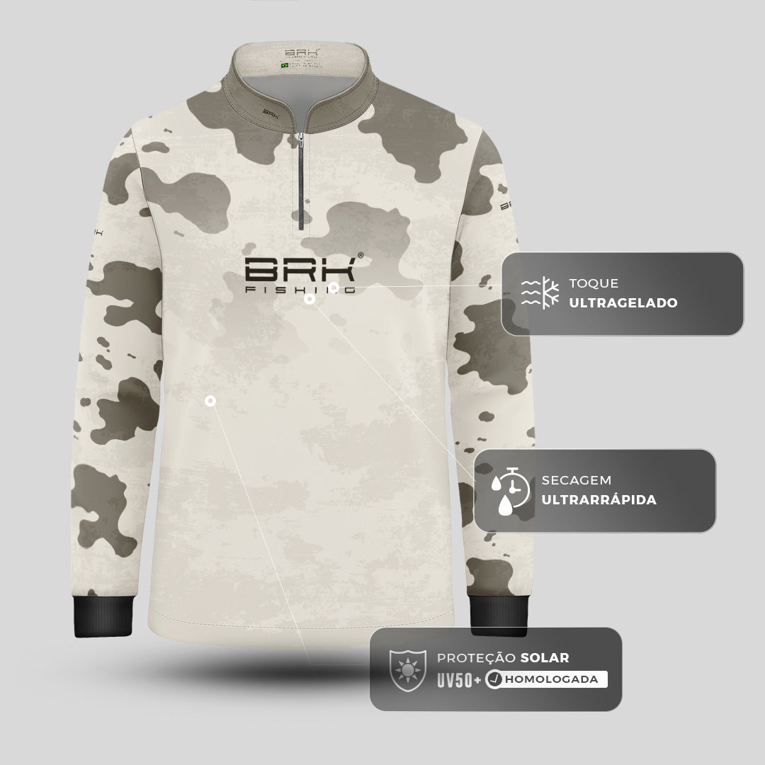 Camisa Fishing Infantil Brk Cow Print Cinza e Creme com Proteção Solar UV50+