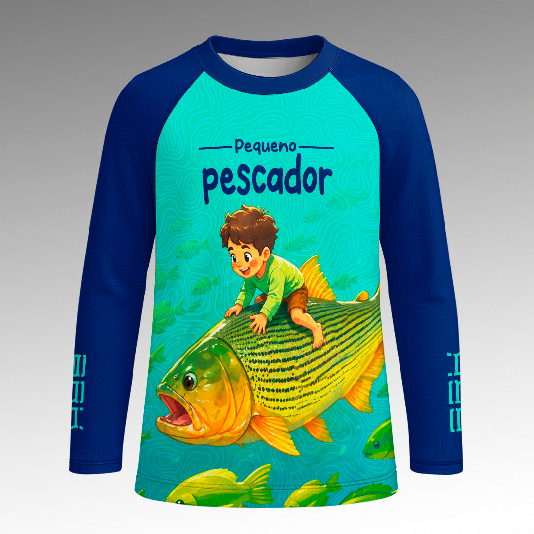 Camisa Infantil Brk Pequeno Pescador Azul Escuro e Ciano com Proteção UV50+