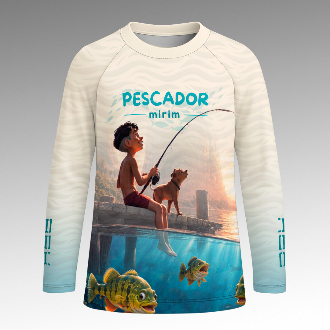 Camisa Infantil Brk Pescador Mirim Bege e Azul com Proteção UV50+