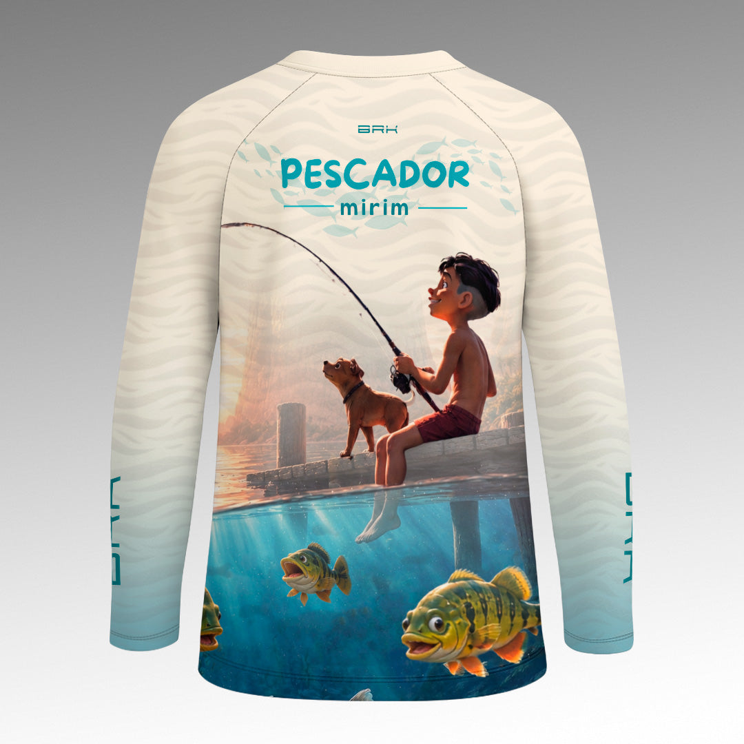 Camisa Infantil Brk Pescador Mirim Bege e Azul com Proteção UV50+