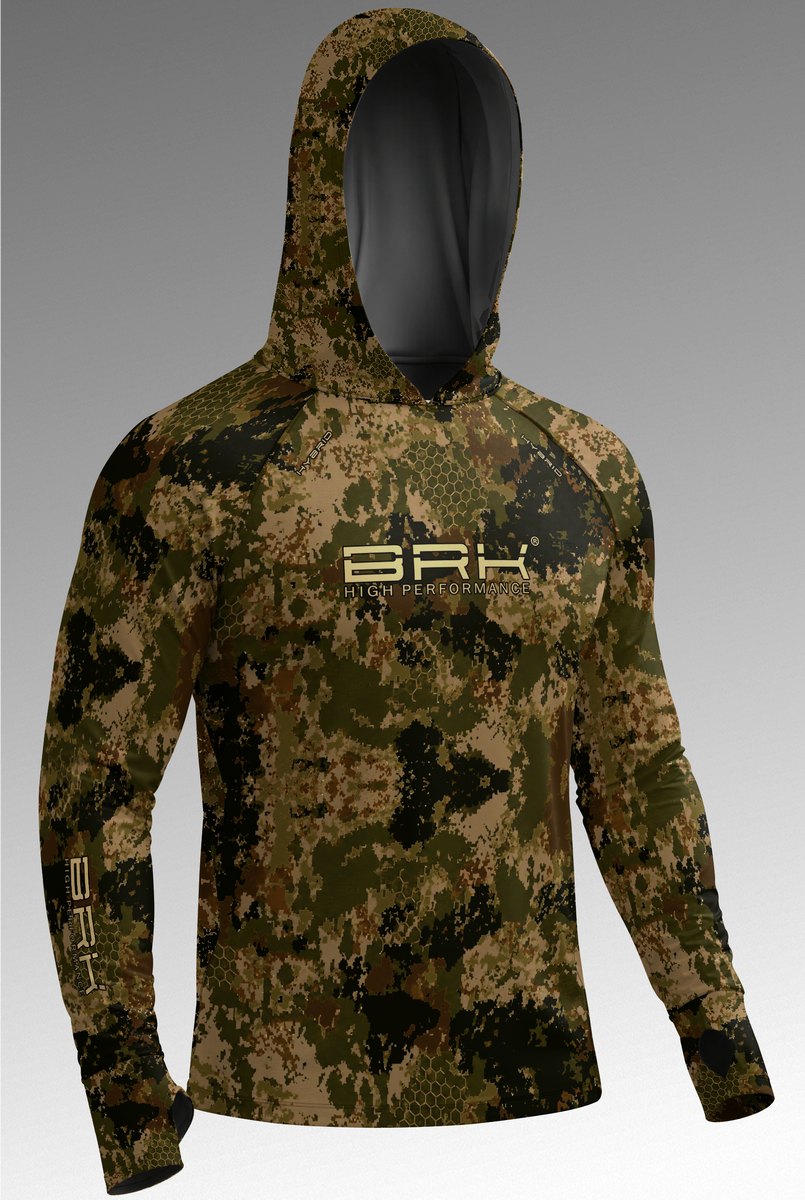 Camisa de Pesca Brk com Capuz Hybrid Camuflada Verde Militar com Proteção UV50