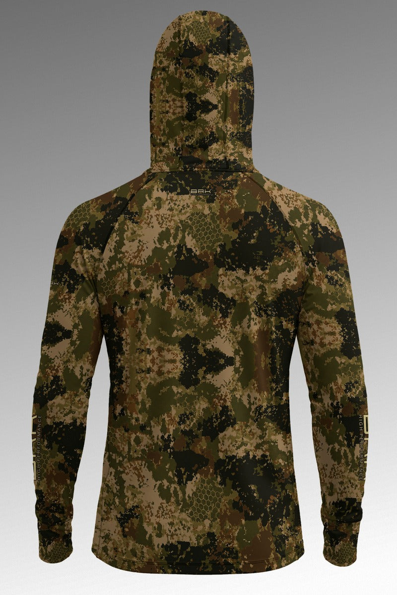 Camisa de Pesca Brk com Capuz Hybrid Camuflada Verde Militar com Proteção UV50