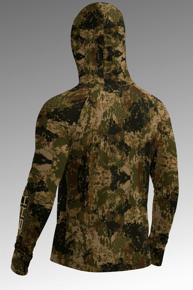 Camisa de Pesca Brk com Capuz Hybrid Camuflada Verde Militar com Proteção UV50