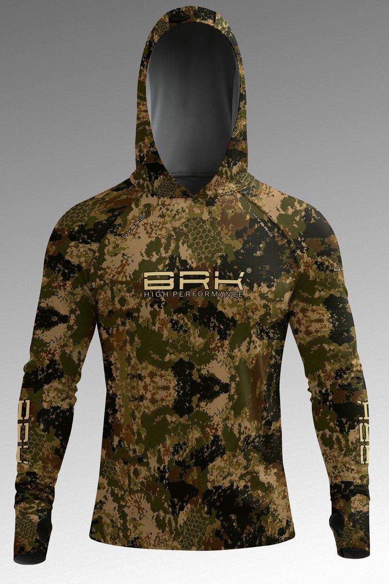 Camisa de Pesca Brk com Capuz Hybrid Camuflada Verde Militar com Proteção UV50