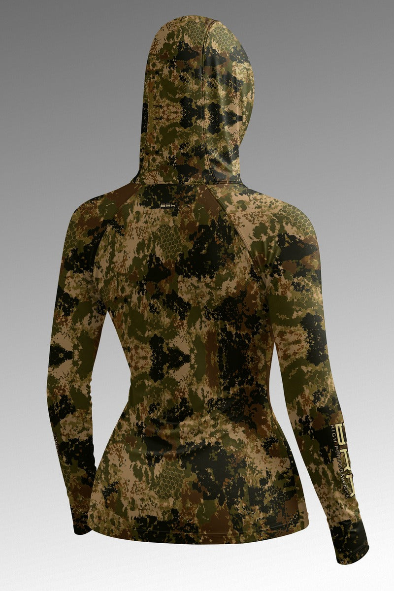 Camisa de Pesca Feminina Brk com Capuz Hybrid Camuflada Verde Militar com Proteção UV50