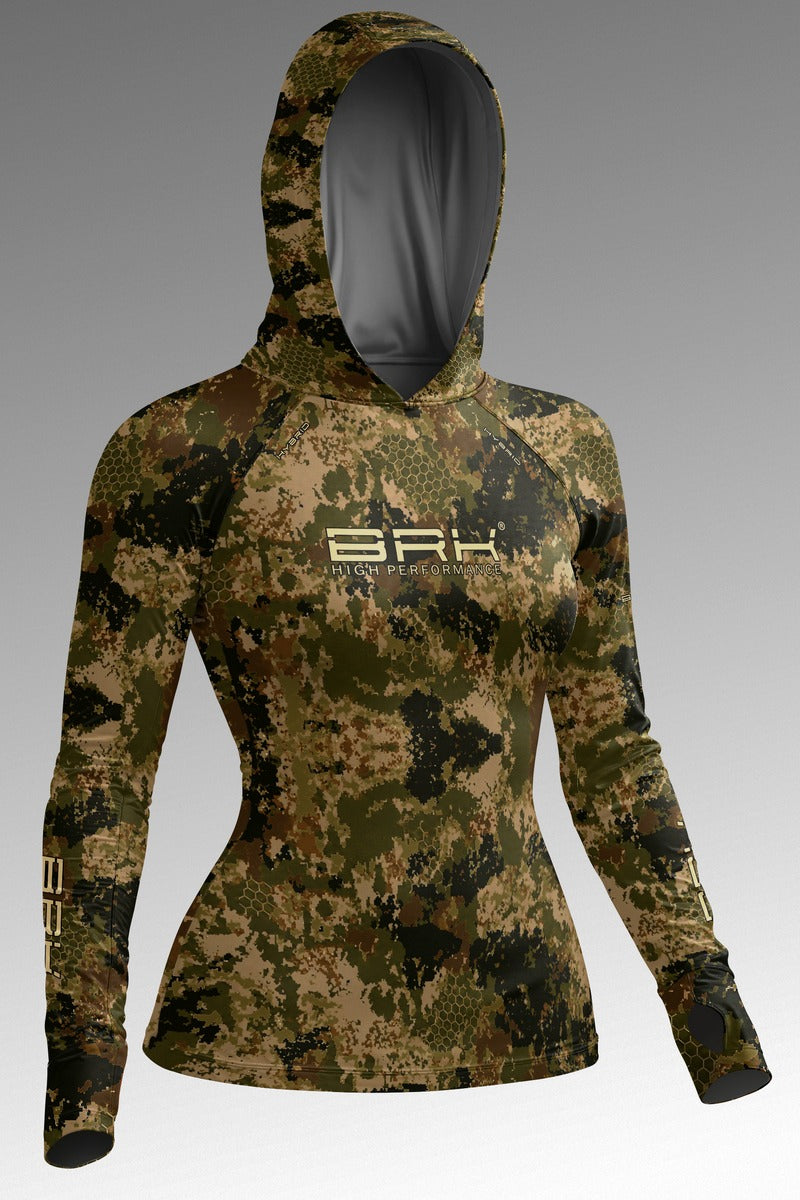 Camisa de Pesca Feminina Brk com Capuz Hybrid Camuflada Verde Militar com Proteção UV50