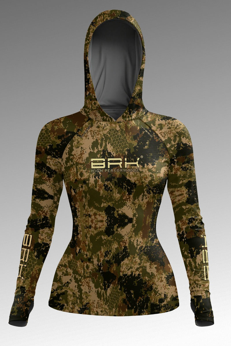 Camisa de Pesca Feminina Brk com Capuz Hybrid Camuflada Verde Militar com Proteção UV50