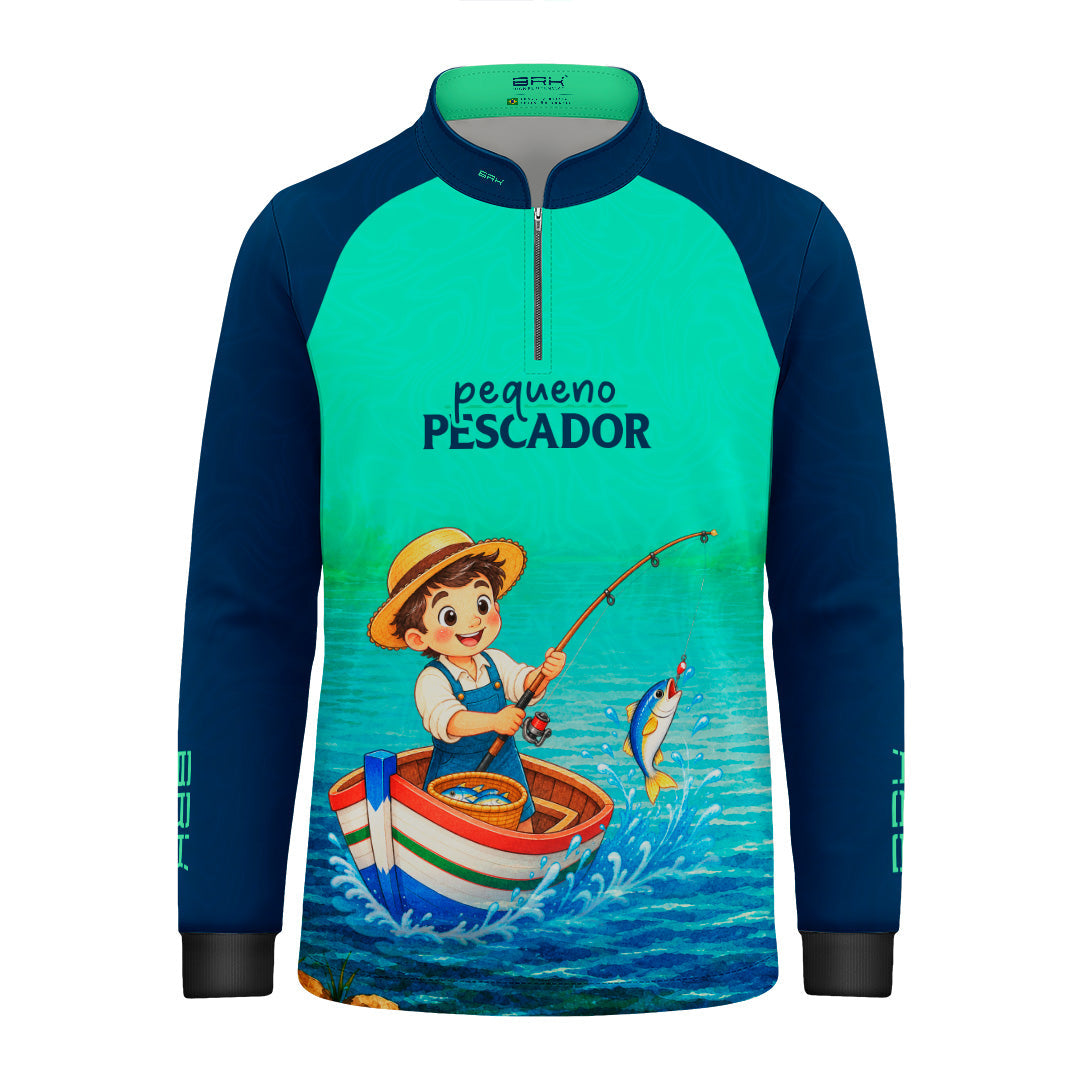 Camisa Infantil Brk Pequeno Pescador Azul Escuro e Ciano com Proteção UV50+