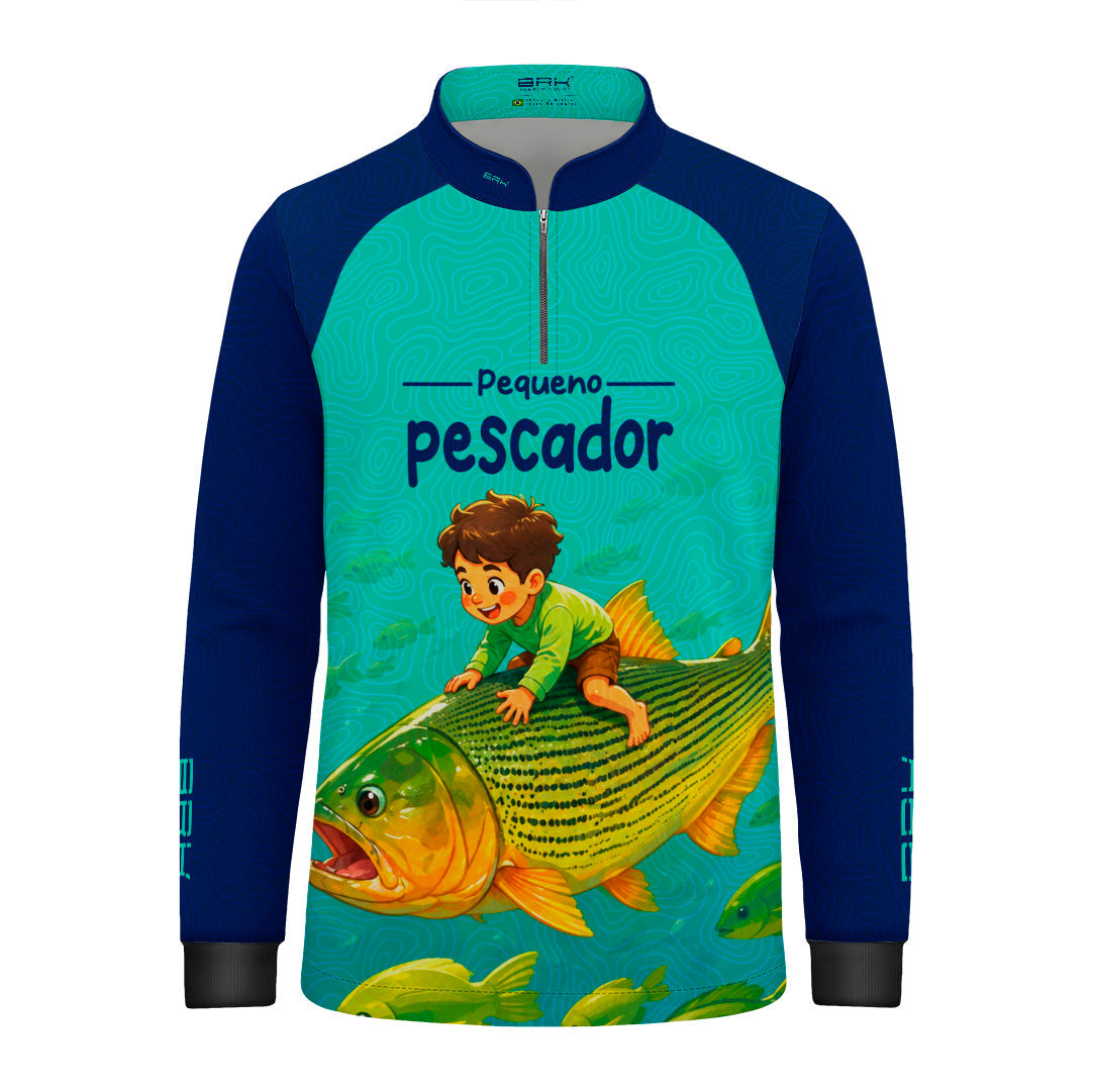 Camisa Infantil Brk Pequeno Pescador Peixe Azul e Ciano com Proteção UV50+