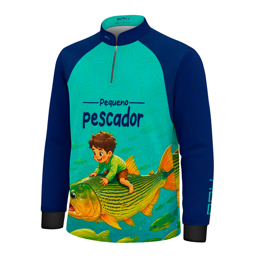 Camisa Infantil Brk Pequeno Pescador Peixe Azul e Ciano com Proteção UV50+