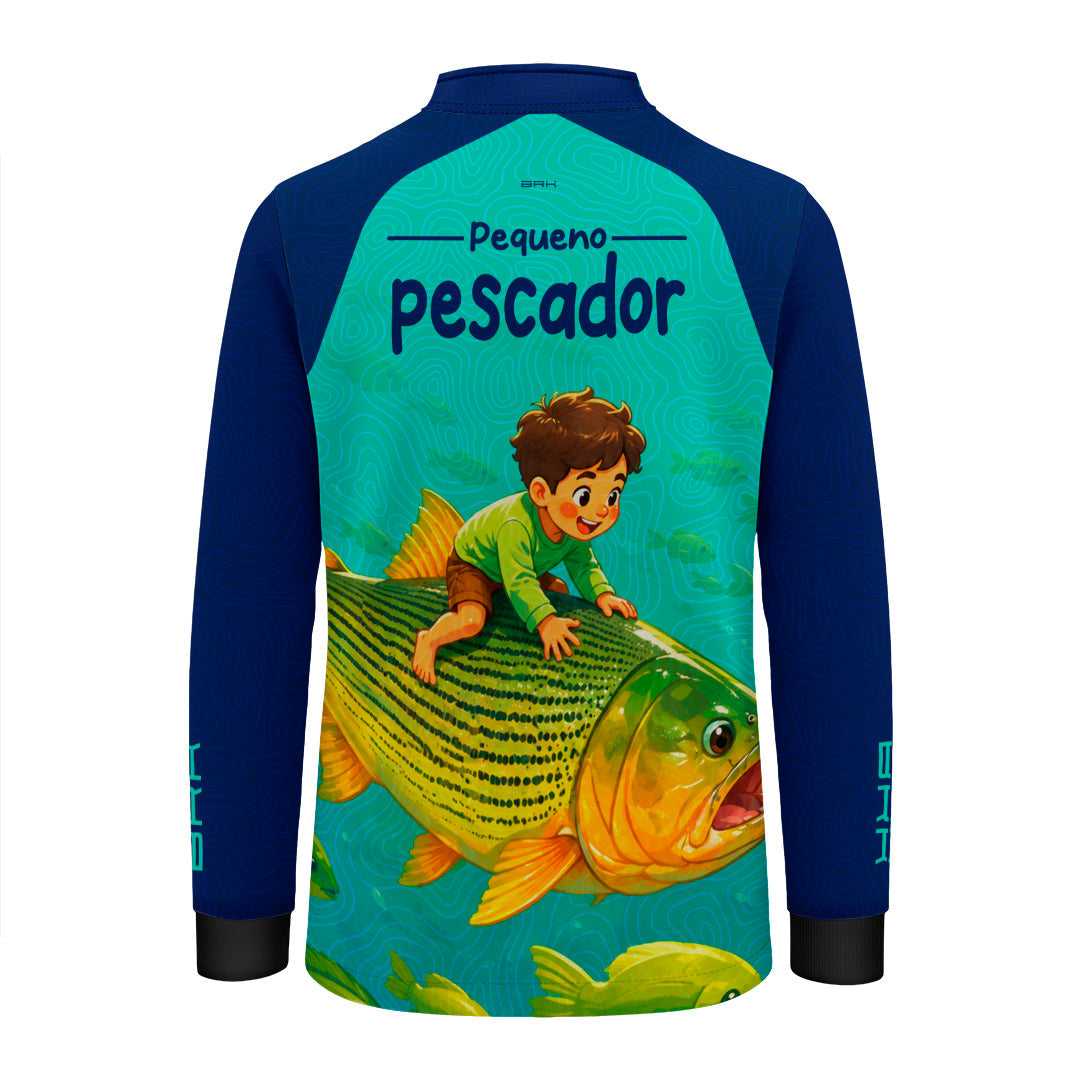 Camisa Infantil Brk Pequeno Pescador Peixe Azul e Ciano com Proteção UV50+