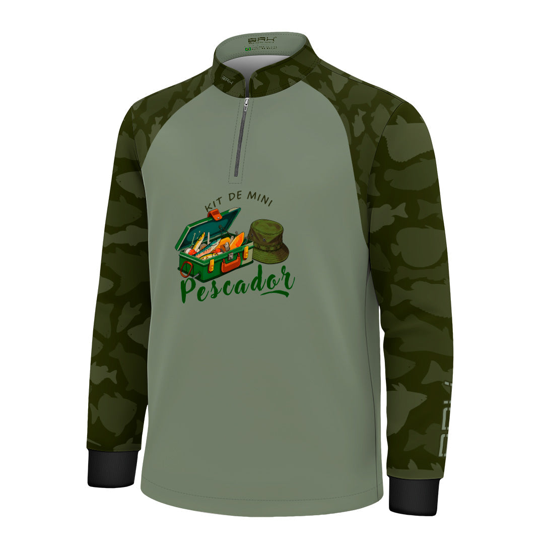 Camisa Infantil Brk Kit de Mini Pescador Camuflado Verde com Proteção UV50+