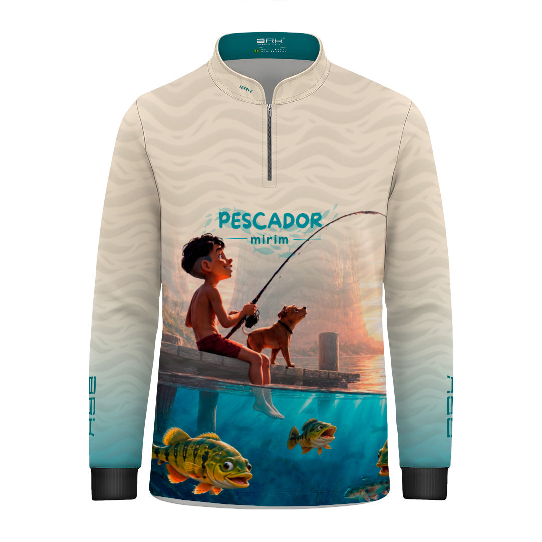 Camisa Infantil Brk Pescador Mirim Creme e Azul com Proteção UV50+