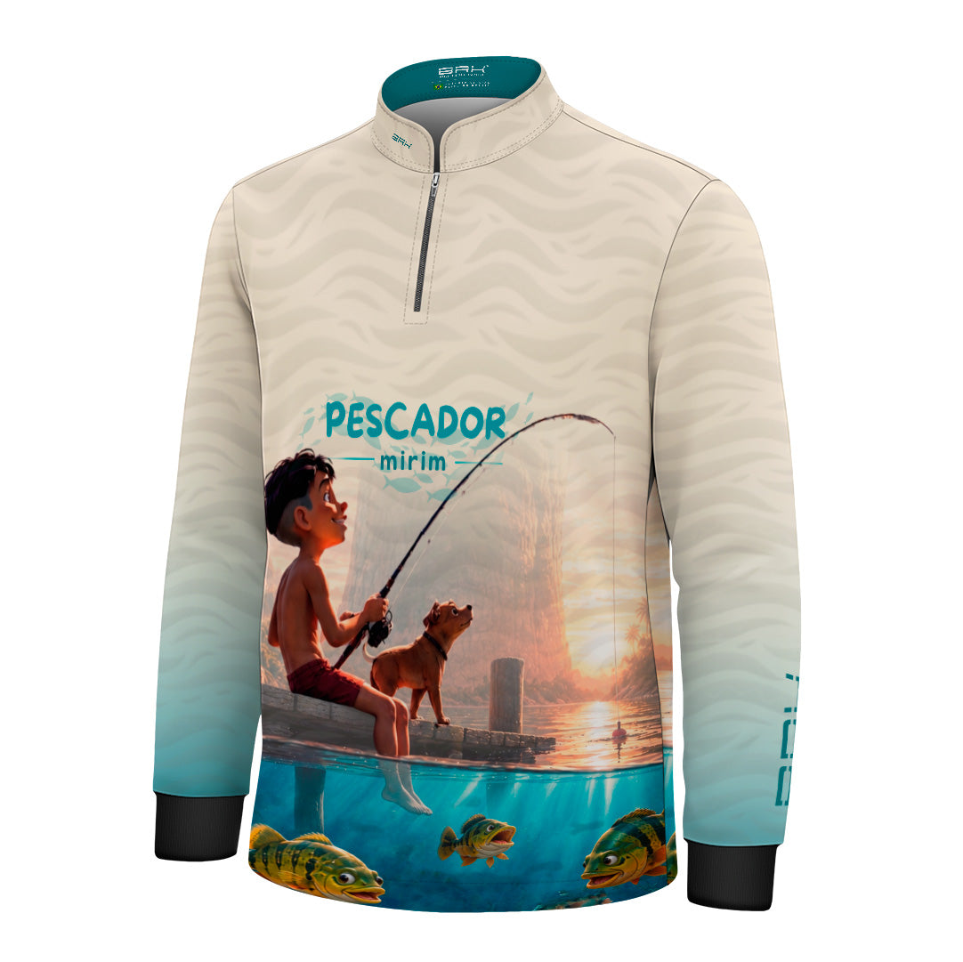 Camisa Infantil Brk Pescador Mirim Creme e Azul com Proteção UV50+