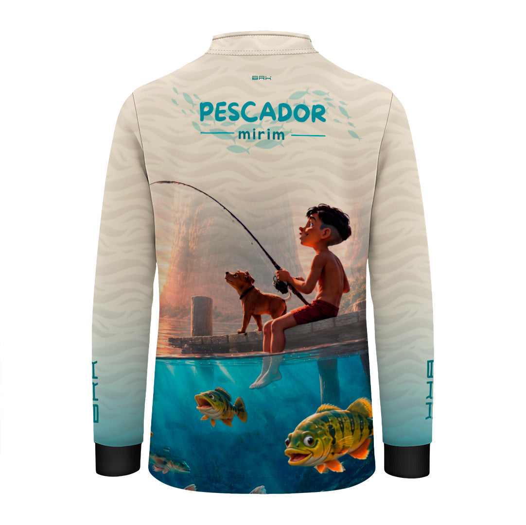 Camisa Infantil Brk Pescador Mirim Creme e Azul com Proteção UV50+