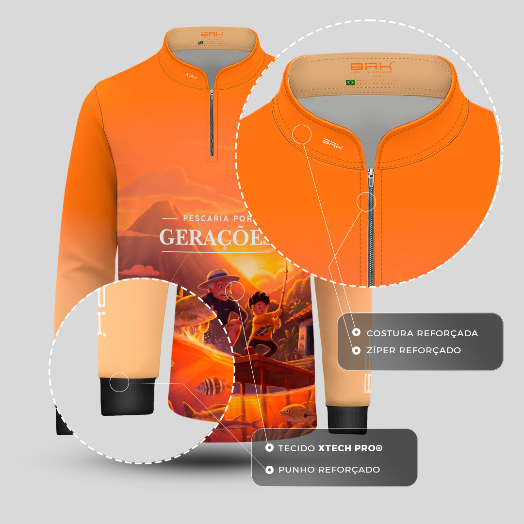 Camisa Infantil Brk Pescaria por Gerações Laranja com Proteção UV50+