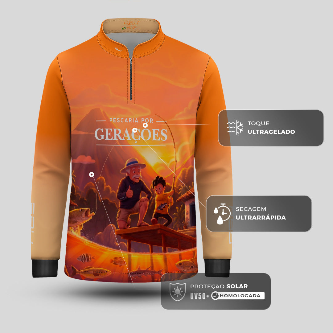 Camisa Infantil Brk Pescaria por Gerações Laranja com Proteção UV50+