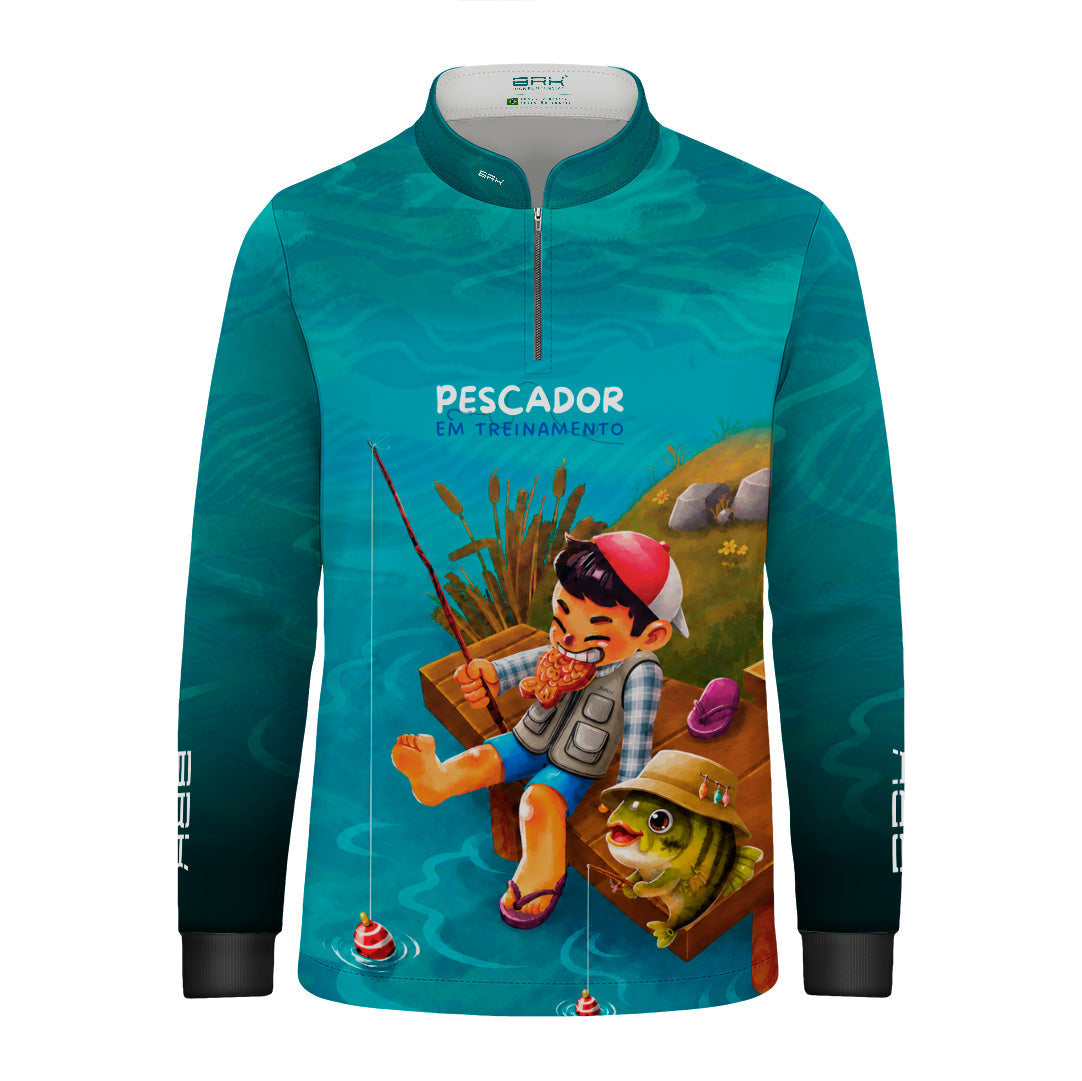 Camisa Infantil Brk Pescador em Treinamento Azul Ciano com Proteção UV50+