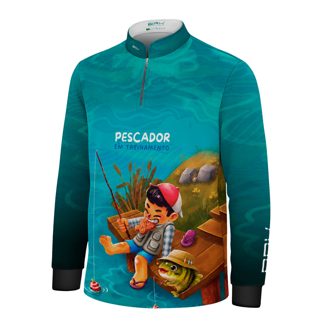 Camisa Infantil Brk Pescador em Treinamento Azul Ciano com Proteção UV50+